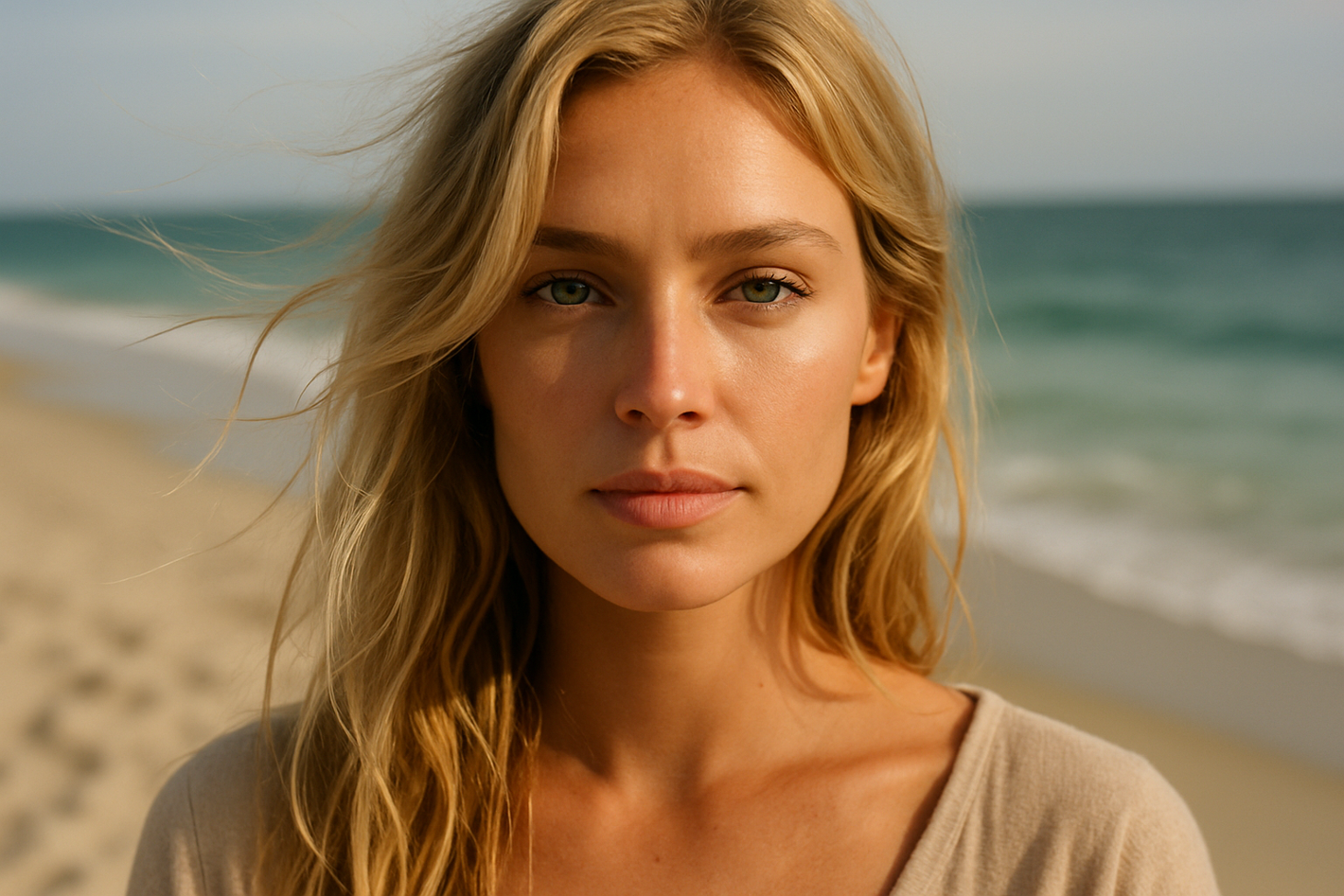 blonde girl very realistic photo on the beach zoomed into her face