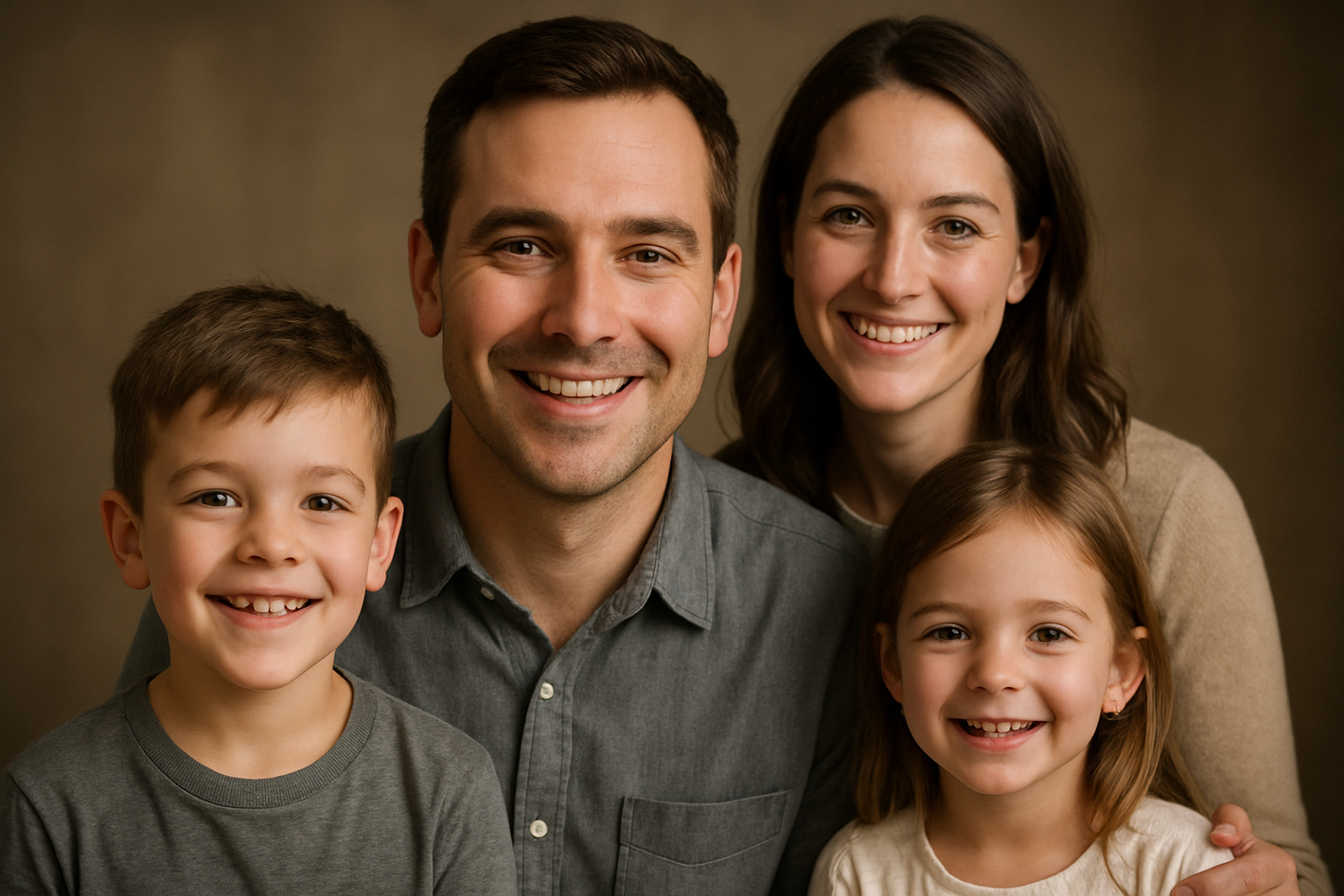 generate a highly realistic of a white man with his happy family but make him the center of the picture 